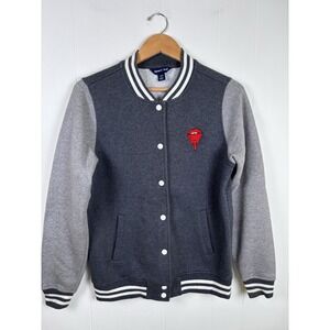 Embroidered Drip Lips Grey Bomber Letterman Jacket Women's Small‎